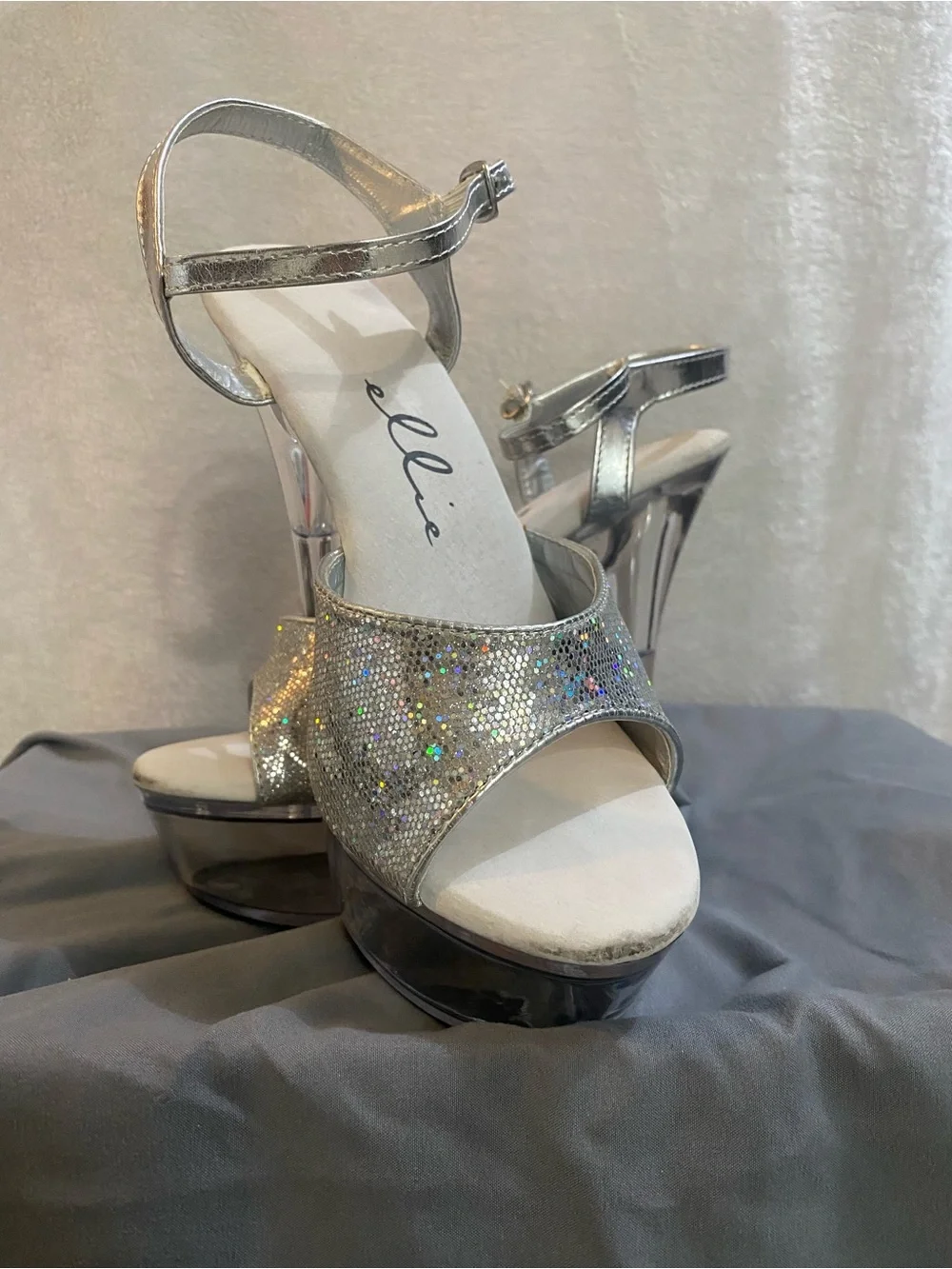 Ellie Holographic Silver Platform Sandals with Ankle Strap
